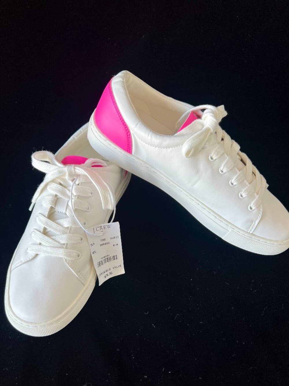 J. Crew Faux White Leather Sneakers with Pink Trim, Size 8, NWTS